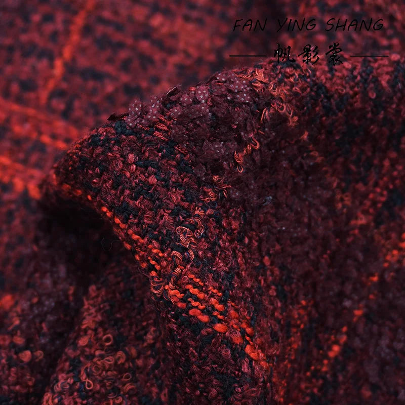 Dark Red Black Butterfly Gauze Plaid Tweed Fabric