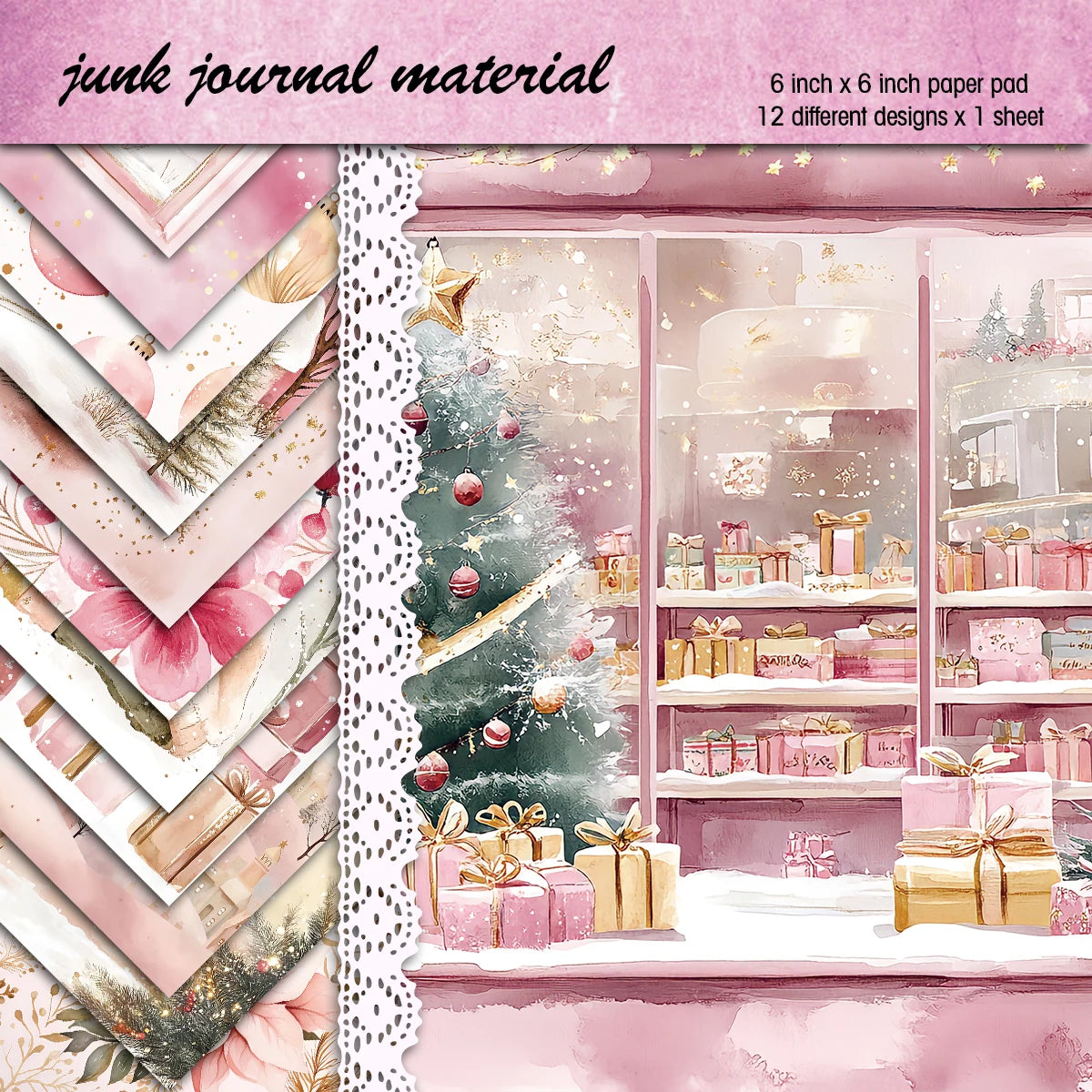 12pc Vintage Pink Christmas Scrapbook Paper