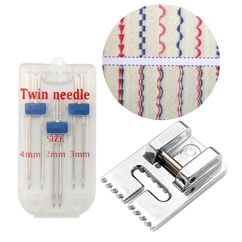 3Pcs/Set Double Needles Size 2/3/4mm And Wrinkled 9 Grooves Sewing Presser Foot