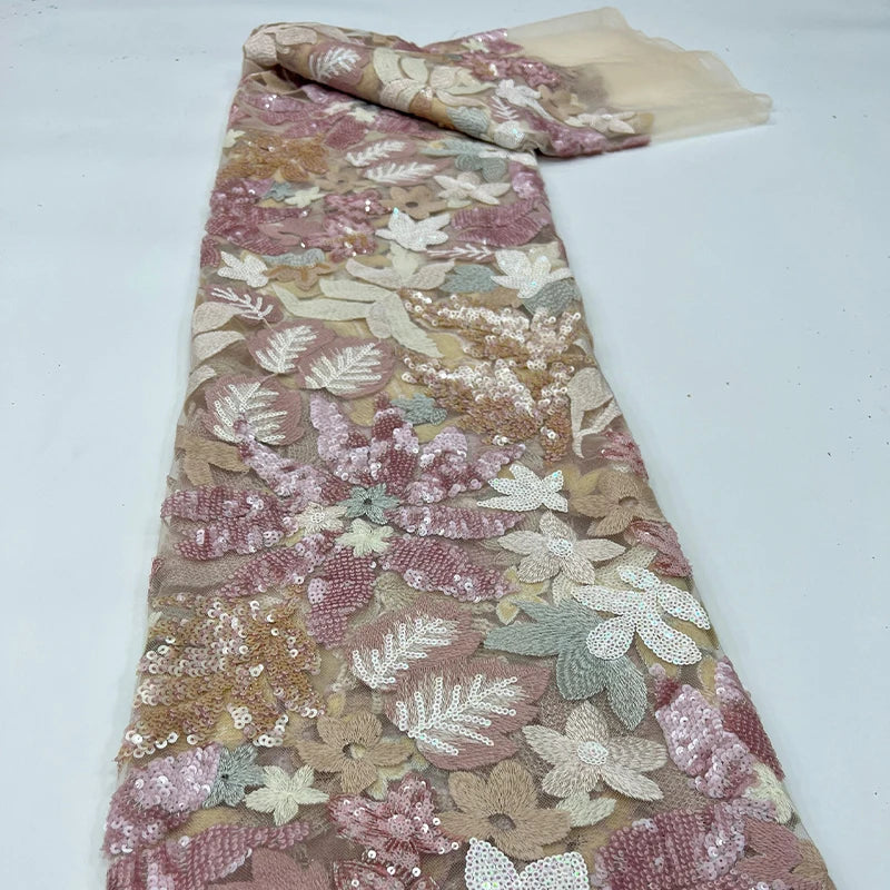 1 Yards 3D Embroidery Mesh Flower Sequin Fabric