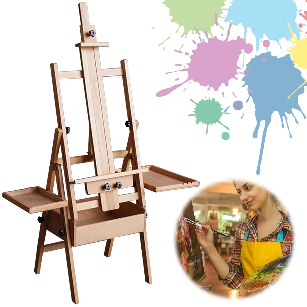 Beech Multifunctional Easel with Drawer Tray Foldable Flat Easel