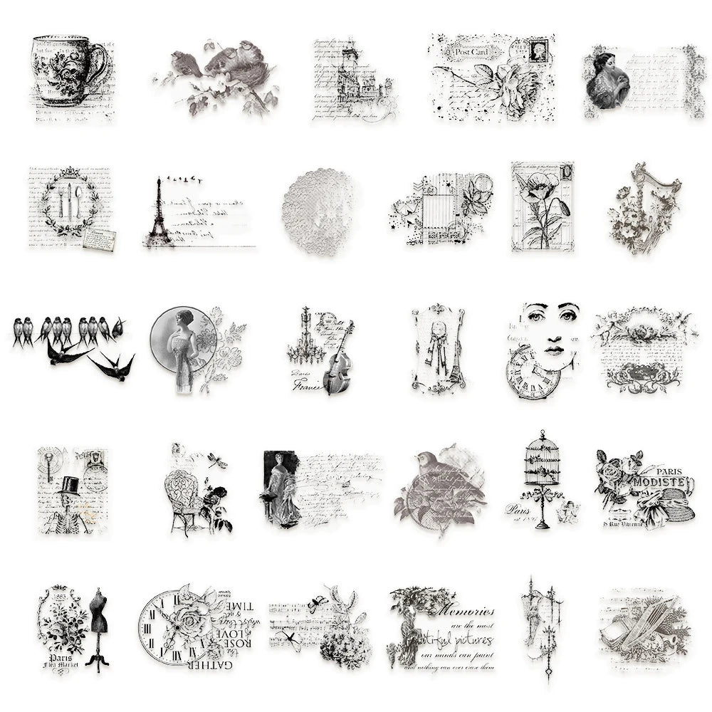 10/30/50pcs Vintage Pet Transparent Black White Art Stickers