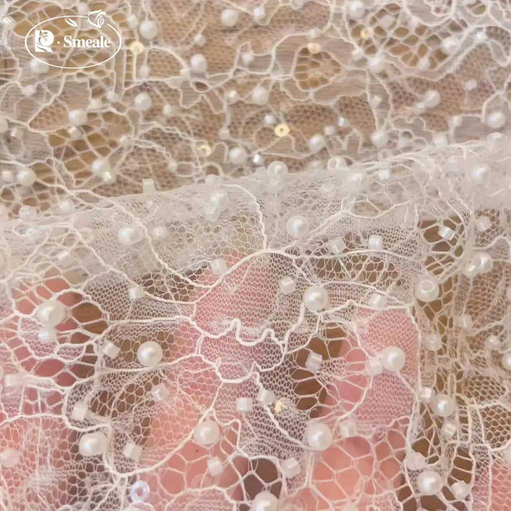 White Beads Sequins Lace Fabric