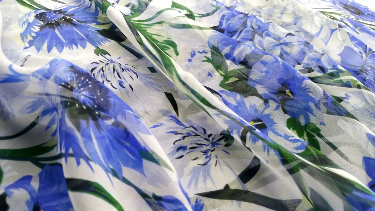 Printed Blue Flowers White Porcelain Pattern Chiffon Fabric