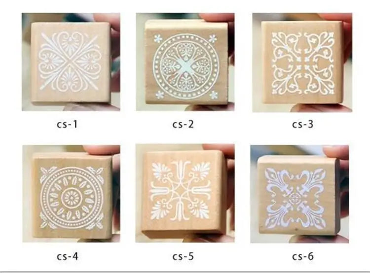 6 Patterns Vintage Square Floral Flower Wooden Rubber Stamp