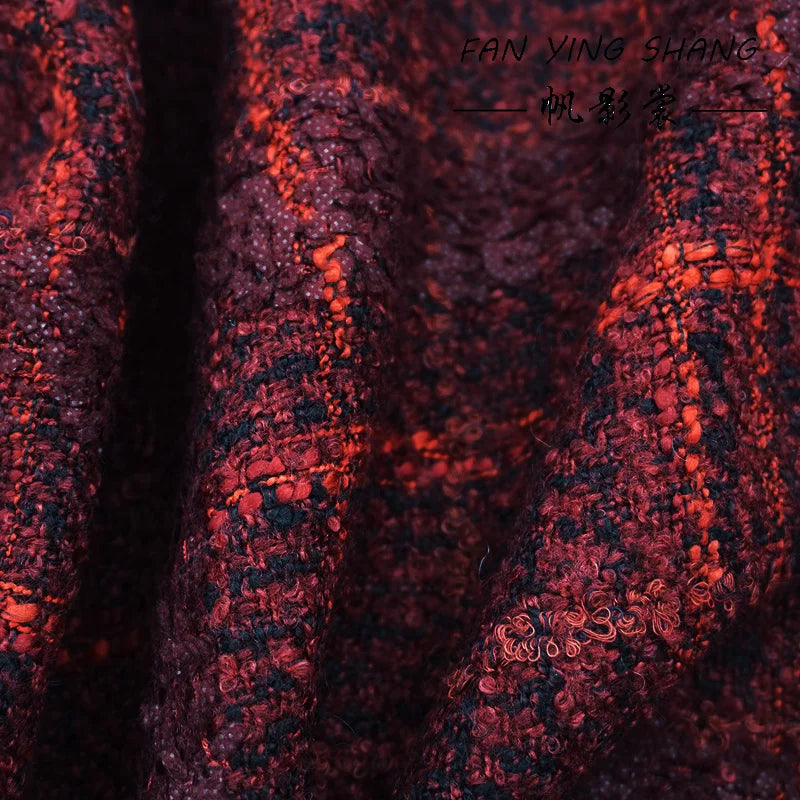 Dark Red Black Butterfly Gauze Plaid Tweed Fabric