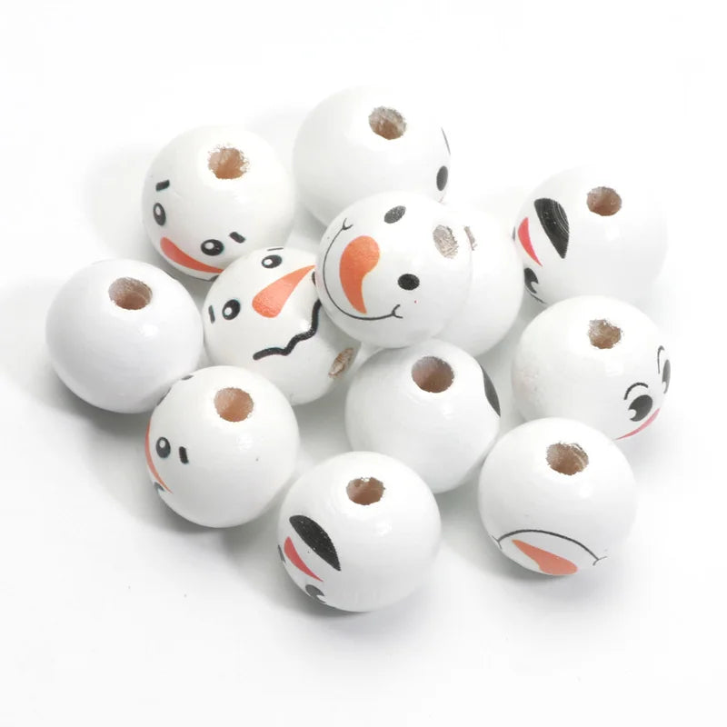 10pcs Christmas Snowman Pattern Round Balls Wood Spacer Beads