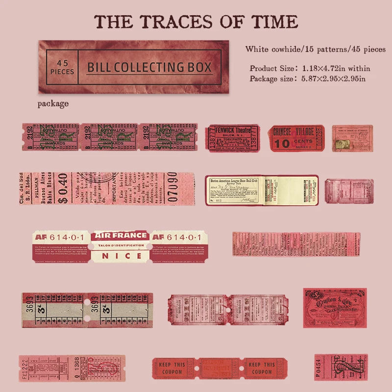 Vintage Boxed Stickers 45 pcs Ticket Style Retro Decor Sticker Scrapbooking