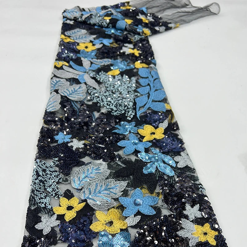 1 Yards 3D Embroidery Mesh Flower Sequin Fabric