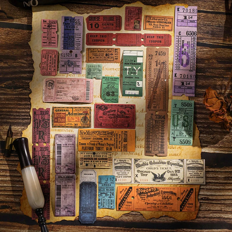 Vintage Boxed Stickers 45 pcs Ticket Style Retro Decor Sticker Scrapbooking