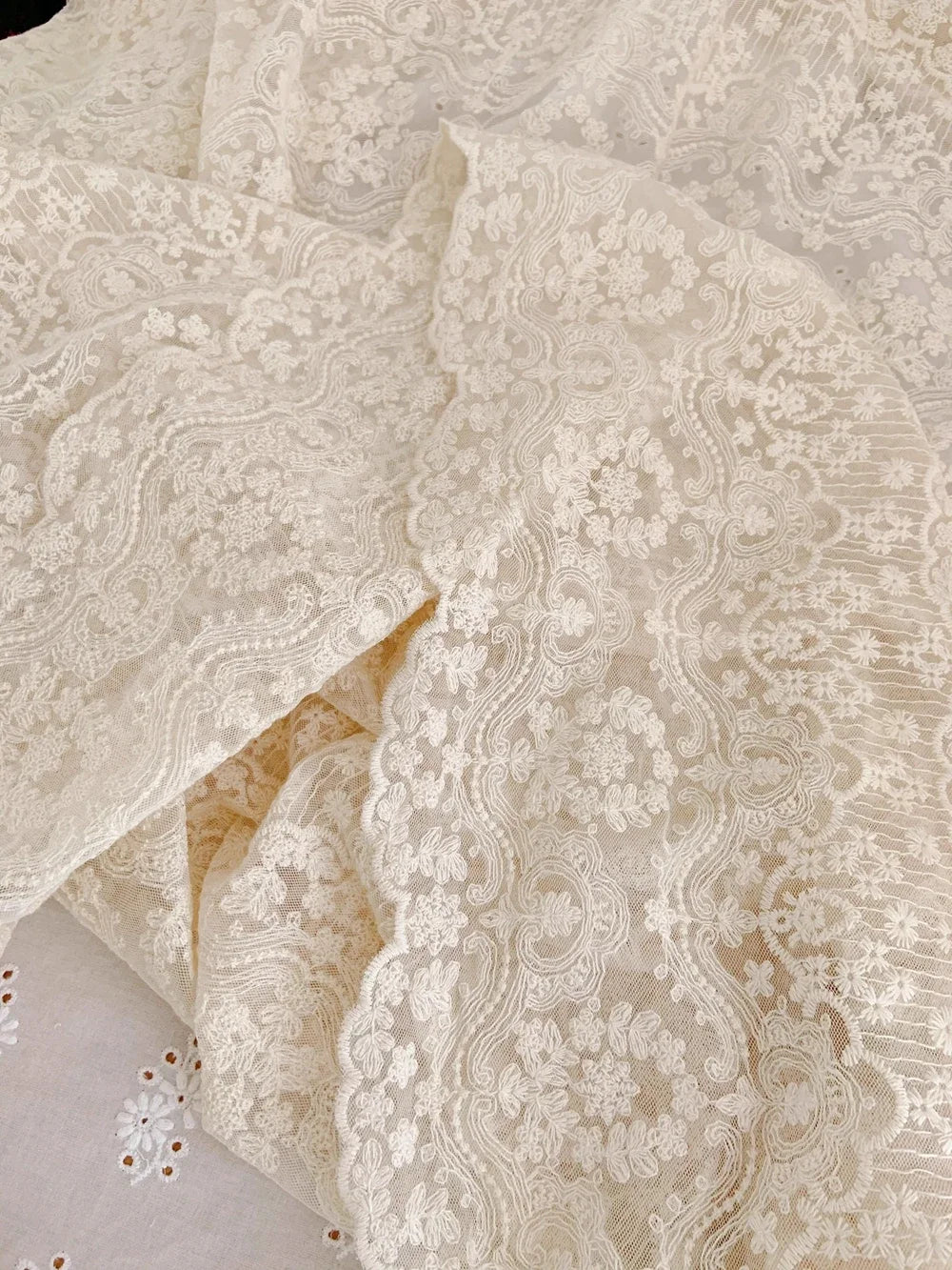 Ultra delicate apricot cotton mesh embroidery lace fabric