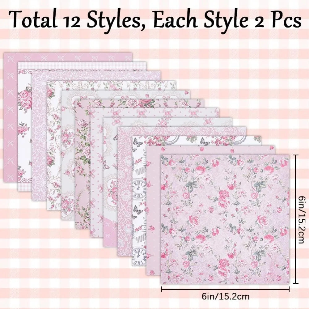 24Pcs Origami Paper Pink Florals Scrapbook Paper Pad 6"×6” Single-Sided