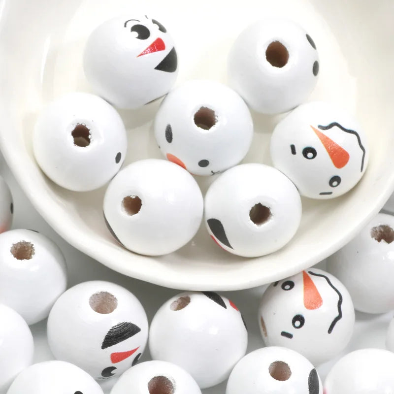 10pcs Christmas Snowman Pattern Round Balls Wood Spacer Beads