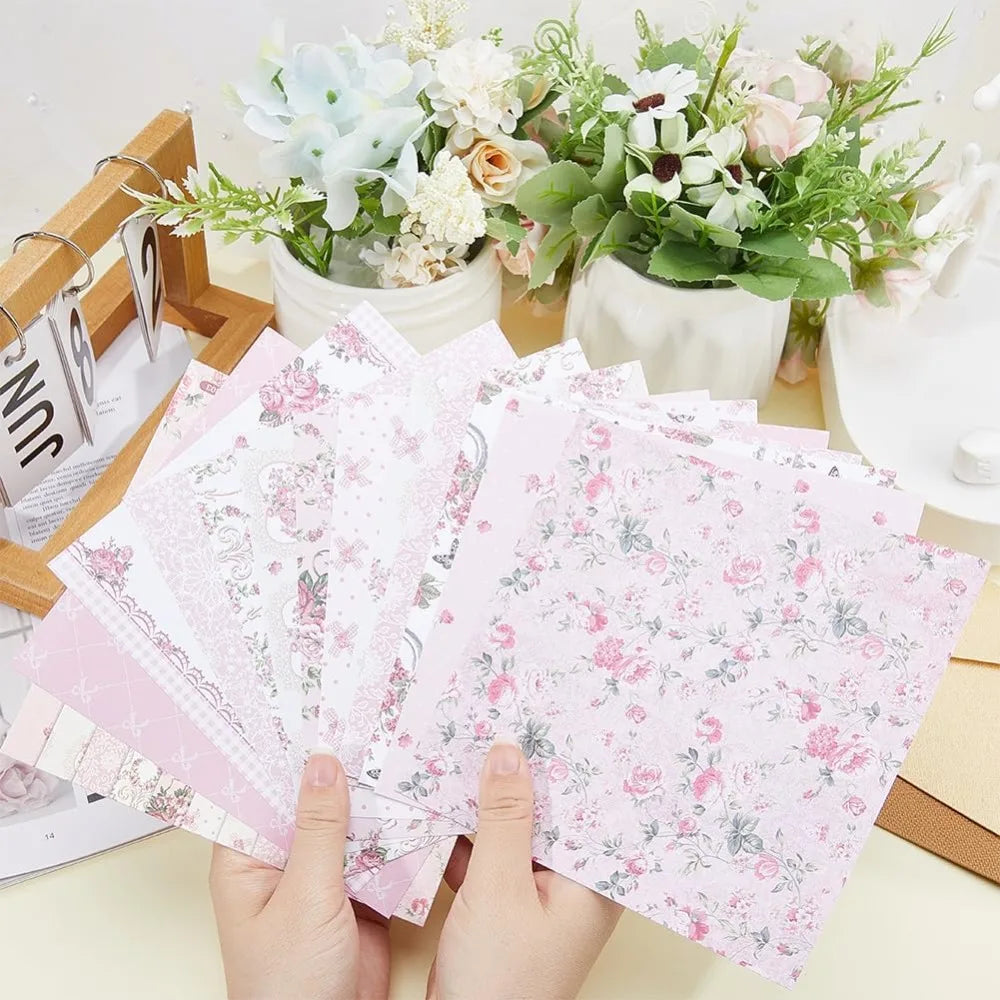 24Pcs Origami Paper Pink Florals Scrapbook Paper Pad 6"×6” Single-Sided