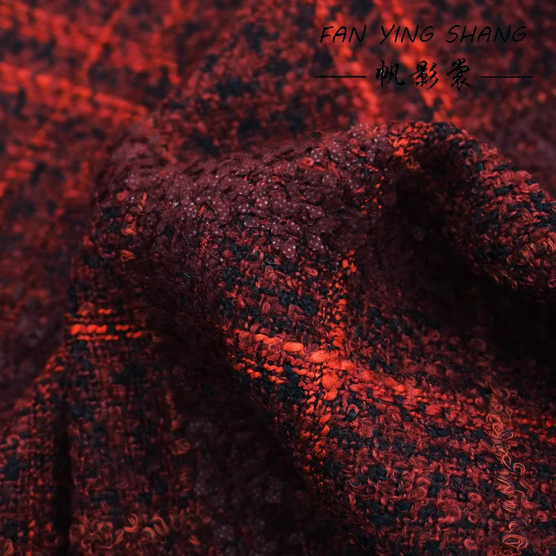Dark Red Black Butterfly Gauze Plaid Tweed Fabric