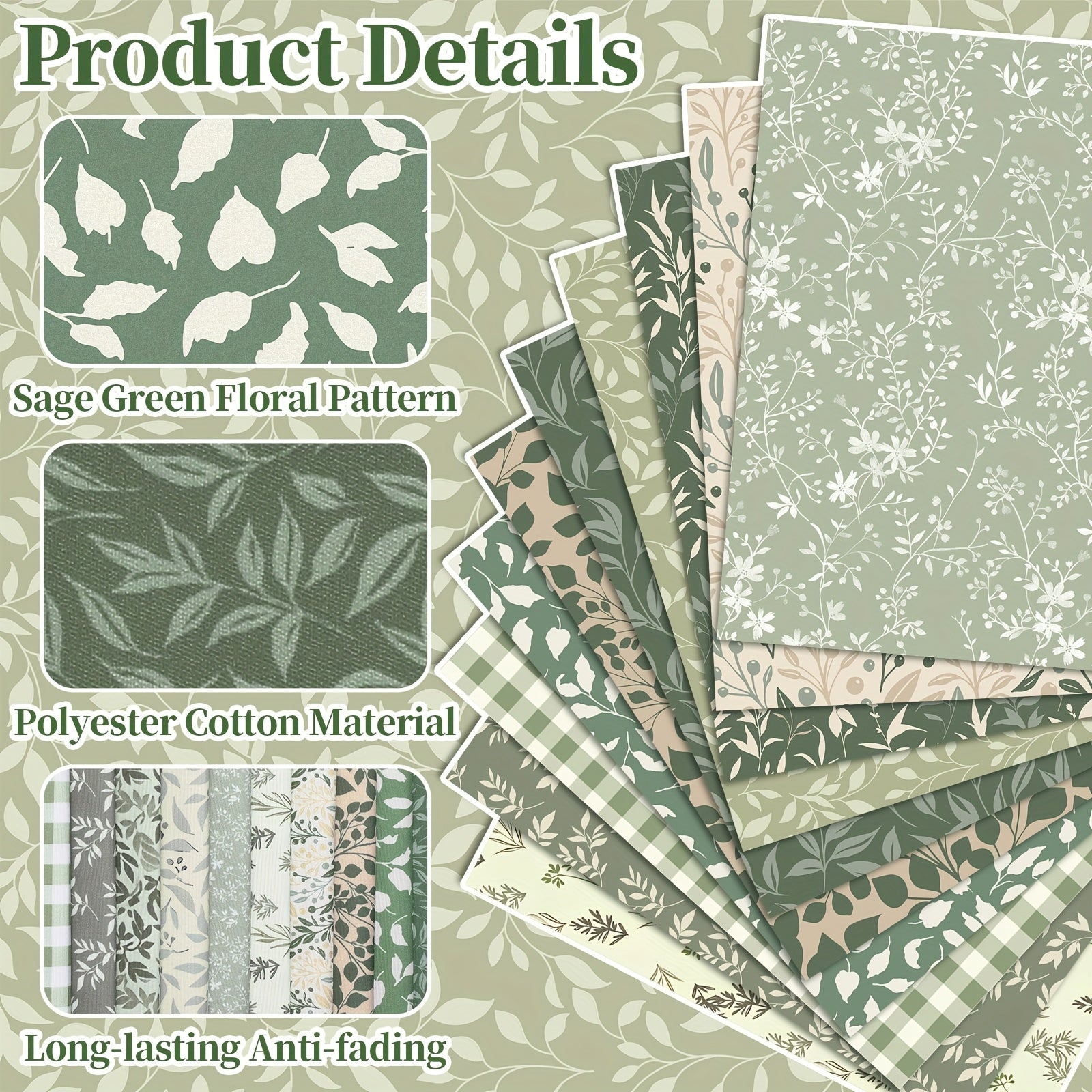 10pcs Sage Green Floral Quilting Fabric 18x22 Inch
